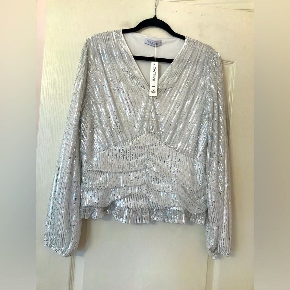 🔖 Macy’s, Ladies Silver, Sequence, V-Neck, Long Capped Sleeve, Blouse XL NEW